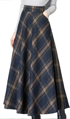 Women's Plaid Winter Skirt Fall High Waisted Midi Maxi Length Flowy A Line Vintage Swing Casual Flared Skirts with Pockets in Saudi Arabia