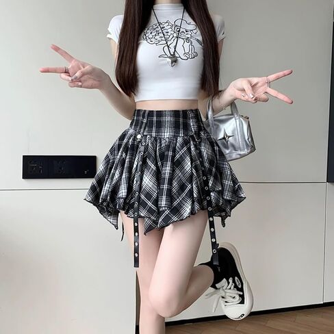 تنورة نسائية قصيرة مكشكشة على الموضة القوطية عالية الخصر Y2K Harajuku غير رسمية بشبكة غير منتظمة بطبقة مزدوجة in Kuwait