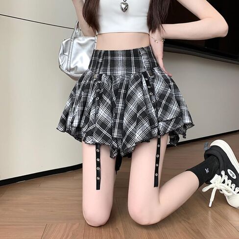 تنورة نسائية قصيرة مكشكشة على الموضة القوطية عالية الخصر Y2K Harajuku غير رسمية بشبكة غير منتظمة بطبقة مزدوجة in Kuwait