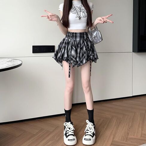 تنورة نسائية قصيرة مكشكشة على الموضة القوطية عالية الخصر Y2K Harajuku غير رسمية بشبكة غير منتظمة بطبقة مزدوجة in Kuwait