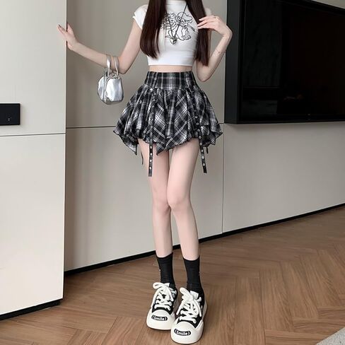 تنورة نسائية قصيرة مكشكشة على الموضة القوطية عالية الخصر Y2K Harajuku غير رسمية بشبكة غير منتظمة بطبقة مزدوجة in Kuwait