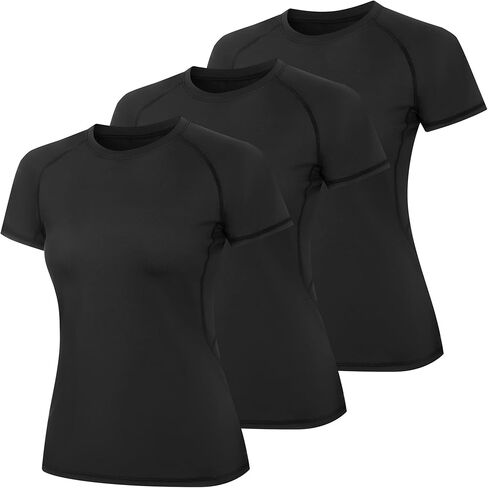 3 قطع من القمصان النسائية المضغوطة بأكمام قصيرة، قمصان رياضية للتمرين والرطوبة والجري والمشي لمسافات طويلة، دراي فيت، قمصان رياضية in Kuwait