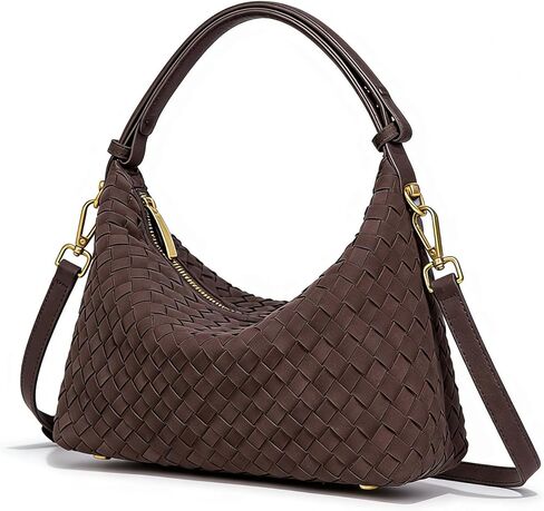 حقائب سكاي كيه بني داكن من جلد الغزال للنساء، محفظة عصرية تحت الإبط، محفظة كتف منسوجة على شكل هلال، حقيبة يد مترهل (قهوة) in Kuwait