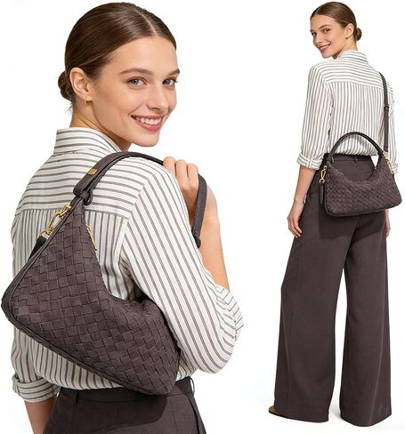 حقائب سكاي كيه بني داكن من جلد الغزال للنساء، محفظة عصرية تحت الإبط، محفظة كتف منسوجة على شكل هلال، حقيبة يد مترهل (قهوة) in Kuwait