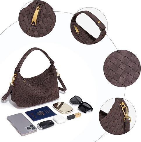حقائب سكاي كيه بني داكن من جلد الغزال للنساء، محفظة عصرية تحت الإبط، محفظة كتف منسوجة على شكل هلال، حقيبة يد مترهل (قهوة) in Kuwait