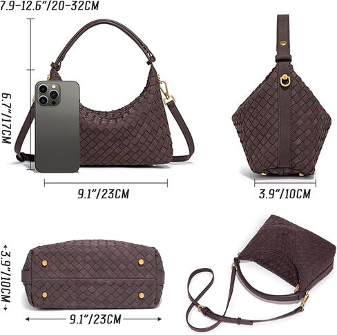 حقائب سكاي كيه بني داكن من جلد الغزال للنساء، محفظة عصرية تحت الإبط، محفظة كتف منسوجة على شكل هلال، حقيبة يد مترهل (قهوة) in Kuwait