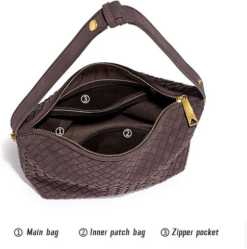 حقائب سكاي كيه بني داكن من جلد الغزال للنساء، محفظة عصرية تحت الإبط، محفظة كتف منسوجة على شكل هلال، حقيبة يد مترهل (قهوة) in Kuwait