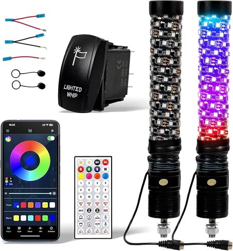 1FT أضواء السوط الدهون LED أضواء السوط للموسيقى جنبا إلى جنب ضوء هوائي الموسيقى دوامة RGB مطاردة ضوء السياط لUTV ATV الكثبان عربات التي تجرها الدواب مع التطبيق وجهاز التحكم عن بعد متوافق مع Polaris RZR Can-Am Maverick، 2 حزمة in Kuwait