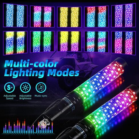 1FT أضواء السوط الدهون LED أضواء السوط للموسيقى جنبا إلى جنب ضوء هوائي الموسيقى دوامة RGB مطاردة ضوء السياط لUTV ATV الكثبان عربات التي تجرها الدواب مع التطبيق وجهاز التحكم عن بعد متوافق مع Polaris RZR Can-Am Maverick، 2 حزمة in Kuwait
