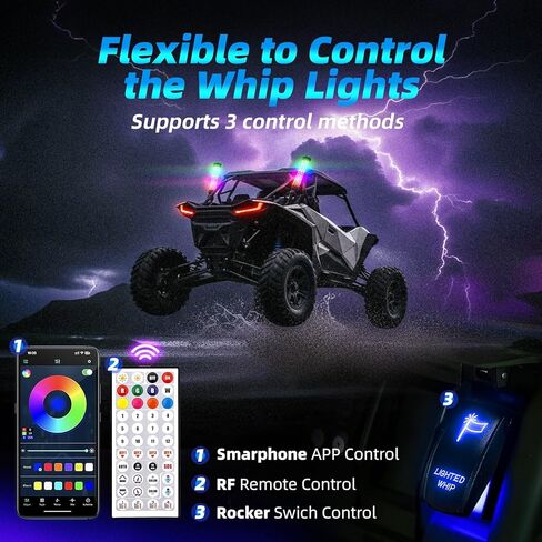 1FT أضواء السوط الدهون LED أضواء السوط للموسيقى جنبا إلى جنب ضوء هوائي الموسيقى دوامة RGB مطاردة ضوء السياط لUTV ATV الكثبان عربات التي تجرها الدواب مع التطبيق وجهاز التحكم عن بعد متوافق مع Polaris RZR Can-Am Maverick، 2 حزمة in Kuwait