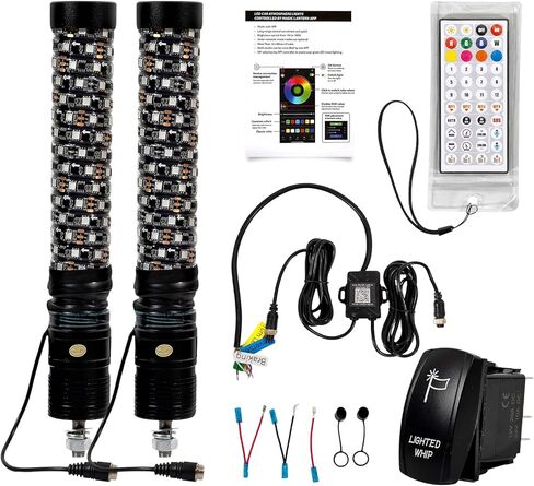 1FT أضواء السوط الدهون LED أضواء السوط للموسيقى جنبا إلى جنب ضوء هوائي الموسيقى دوامة RGB مطاردة ضوء السياط لUTV ATV الكثبان عربات التي تجرها الدواب مع التطبيق وجهاز التحكم عن بعد متوافق مع Polaris RZR Can-Am Maverick، 2 حزمة in Kuwait