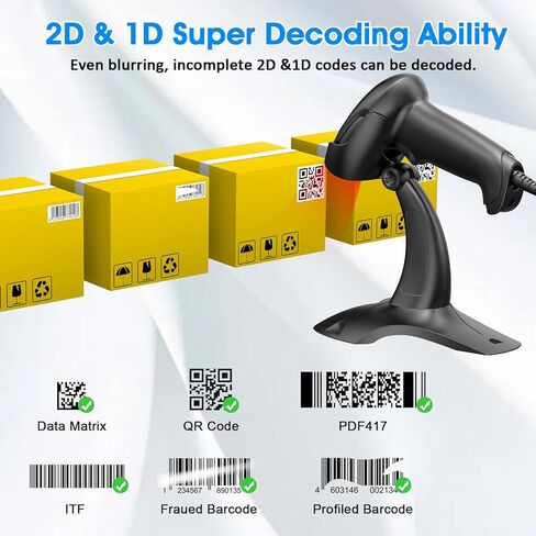 Symcode ماسح الباركود مع حامل USB السلكي الجرد 2D 1D QR Code Scanner مع المسح التلقائي بدون استخدام اليدين قارئ الباركود الماسح الضوئي للكمبيوتر POS MAC in Kuwait