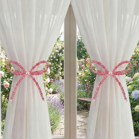 Novabright 2 Pack Pink Crystal Bow Magnetic Curtain Tiebacks Beaded Magnetic Decorative Curtain Holders and Holdback Clips No Drill Beaded Drapery Holdbacks for Bedroom & Coquette Room Decor in Saudi Arabia