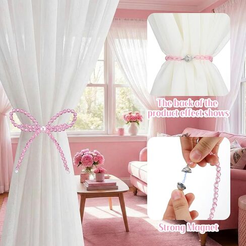 Novabright 2 Pack Pink Crystal Bow Magnetic Curtain Tiebacks Beaded Magnetic Decorative Curtain Holders and Holdback Clips No Drill Beaded Drapery Holdbacks for Bedroom & Coquette Room Decor in Saudi Arabia