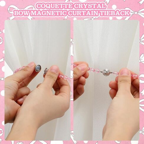 Novabright 2 Pack Pink Crystal Bow Magnetic Curtain Tiebacks Beaded Magnetic Decorative Curtain Holders and Holdback Clips No Drill Beaded Drapery Holdbacks for Bedroom & Coquette Room Decor in Saudi Arabia