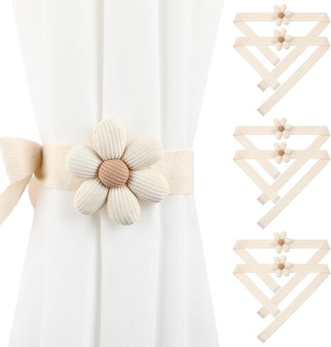 Moukeren 6 Pack Boho Sunflower Rope Curtain Tiebacks Simple Elegant Farmhouse DIY Curtain Holdbacks Accessories Wall Decoration for Home Office(Cream,Dual-Flower) in Saudi Arabia