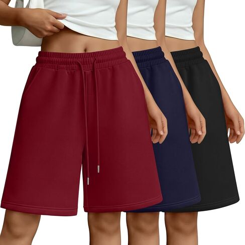 3 Pack Women's Sweat Bermuda Shorts High Waist Drawstring Knee Length Athletic Summer Oversized Pockets Pants in Saudi Arabia
