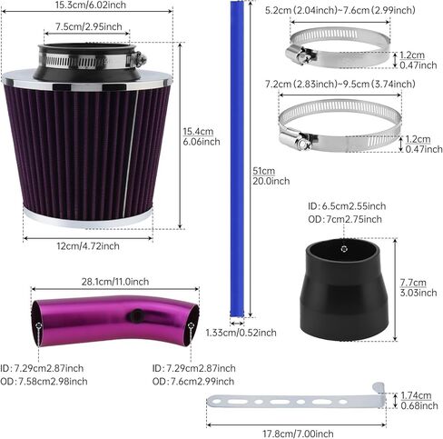 Cold Air Intake Pipe, 3" 76mm Cold Air Intake Kit Aluminum Automotive Cold Air Intake Pipe Filter Induction Flow Hose Pipe Kit in Saudi Arabia