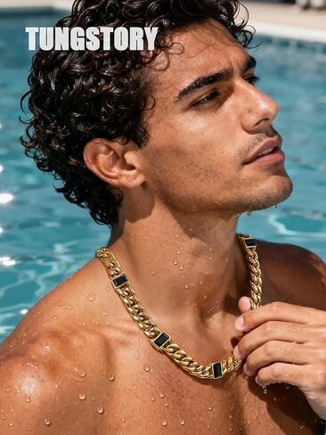 TUNGSTORY 18K Gold Filled Cuban Link Chain for Men - 12mm 316L Stainless Steel Black Onyx Necklace, Miami Cuban Chain with Box Clasp, Waterproof, Non Tarnish Hip Hop Jewelry Gift for Him, 22 IN in Saudi Arabia