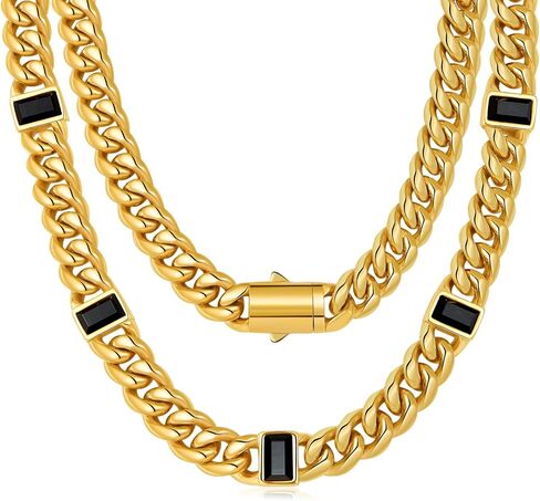 TUNGSTORY 18K Gold Filled Cuban Link Chain for Men - 12mm 316L Stainless Steel Black Onyx Necklace, Miami Cuban Chain with Box Clasp, Waterproof, Non Tarnish Hip Hop Jewelry Gift for Him, 22 IN in Saudi Arabia