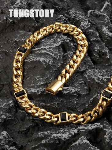 سلسلة ربط كوبية مملوءة بالذهب عيار 18 قيراط للرجال من TUNGSTORY - قلادة من الفولاذ المقاوم للصدأ 12 مم 316L من العقيق الأسود، سلسلة ميامي الكوبية مع مشبك صندوق، مقاومة للماء، هدية مجوهرات هيب هوب غير مشوهة، 22 بوصة in Kuwait