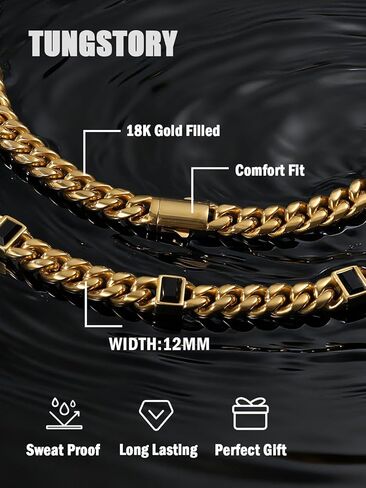 سلسلة ربط كوبية مملوءة بالذهب عيار 18 قيراط للرجال من TUNGSTORY - قلادة من الفولاذ المقاوم للصدأ 12 مم 316L من العقيق الأسود، سلسلة ميامي الكوبية مع مشبك صندوق، مقاومة للماء، هدية مجوهرات هيب هوب غير مشوهة، 22 بوصة in Kuwait