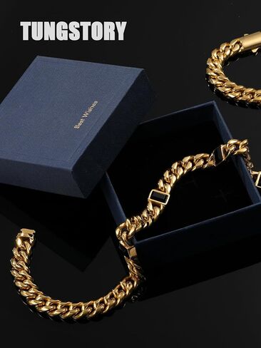 TUNGSTORY 18K Gold Filled Cuban Link Chain for Men - 12mm 316L Stainless Steel Black Onyx Necklace, Miami Cuban Chain with Box Clasp, Waterproof, Non Tarnish Hip Hop Jewelry Gift for Him, 22 IN in Saudi Arabia