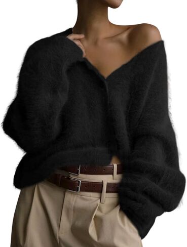Flygo Womens Fuzzy Mohair Cardigan Sweaters V Neck Button Down Long Sleeve Fluffy Knit Open Front Slouchy Furry Sweater in Saudi Arabia