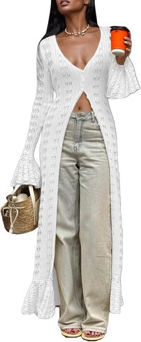 Long Cardigan for Women Knit Crochet Duster Sweater Ruffle Bell Sleeve Hollow Boho Button Up Maxi Cover Up Dress in Saudi Arabia