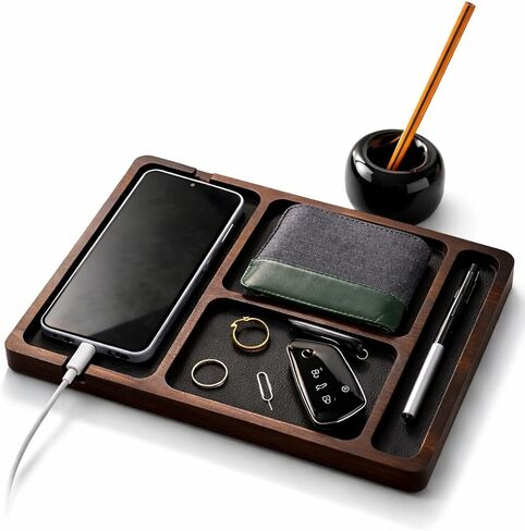 Desk Dock Pro - منظم صينية من خشب الجوز الداكن مع حامل أقلام من السيراميك، منظم مكتب ممتاز للهاتف والمحفظة والساعة والمفاتيح، نظام مكتب EDC البسيط للرجال in Kuwait
