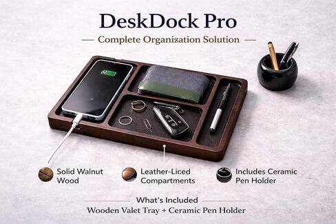 Desk Dock Pro - منظم صينية من خشب الجوز الداكن مع حامل أقلام من السيراميك، منظم مكتب ممتاز للهاتف والمحفظة والساعة والمفاتيح، نظام مكتب EDC البسيط للرجال in Kuwait