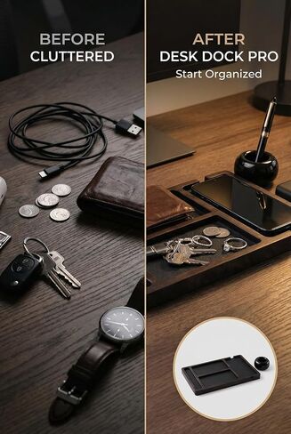 Desk Dock Pro - منظم صينية من خشب الجوز الداكن مع حامل أقلام من السيراميك، منظم مكتب ممتاز للهاتف والمحفظة والساعة والمفاتيح، نظام مكتب EDC البسيط للرجال in Kuwait