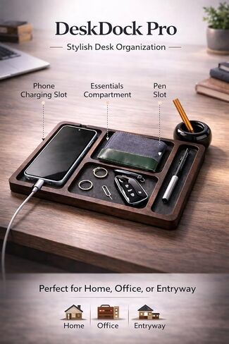 Desk Dock Pro - منظم صينية من خشب الجوز الداكن مع حامل أقلام من السيراميك، منظم مكتب ممتاز للهاتف والمحفظة والساعة والمفاتيح، نظام مكتب EDC البسيط للرجال in Kuwait