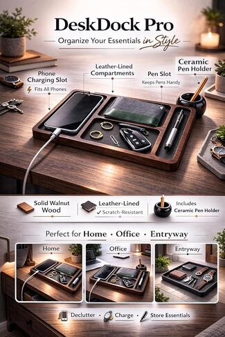 Desk Dock Pro - منظم صينية من خشب الجوز الداكن مع حامل أقلام من السيراميك، منظم مكتب ممتاز للهاتف والمحفظة والساعة والمفاتيح، نظام مكتب EDC البسيط للرجال in Kuwait