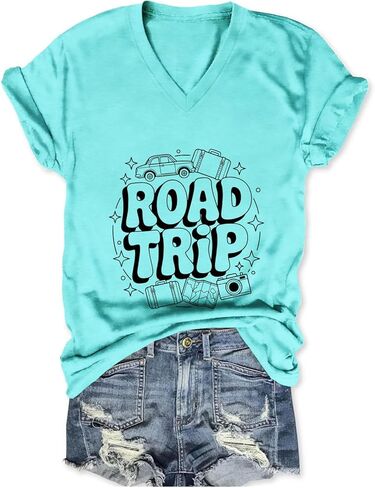 Road Trip Shirt Camping Adventure T Shirt V Neck Graphic Tees Short Sleeve Travel Tshirt Casual Outdoor Tops in Saudi Arabia
