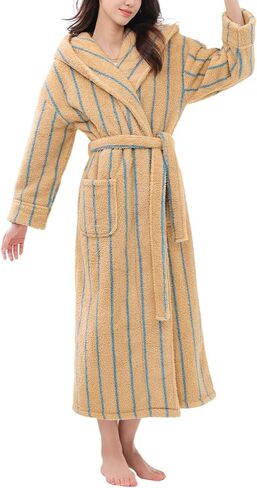 Gihuo Womens Fluffy Striped Robe Plush Bath Robe Winter Fleece Bathrobe Long Hooded Robe in Saudi Arabia