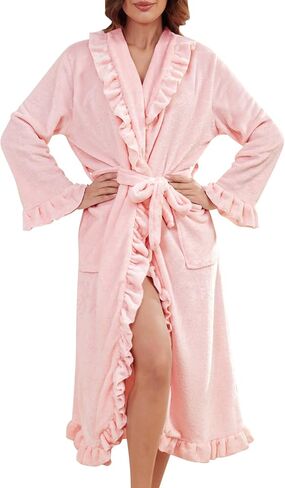 Women's Long Fleece Robe Plush Fluffy Fuzzy Ruffle Bath Robe Warm Loungewear in Saudi Arabia