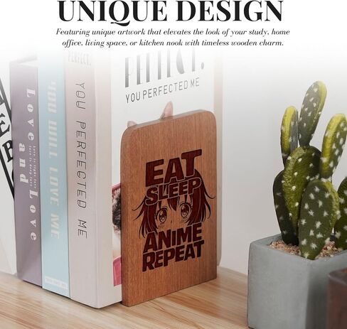 Anime Bookends, Anime Gifts for Men Women Boys, Novelty Bookends Unique, Heavy Duty Wooden Book Ends for Shelves Decorative(1 Pair, 4.72x6.69 Inches) in Saudi Arabia