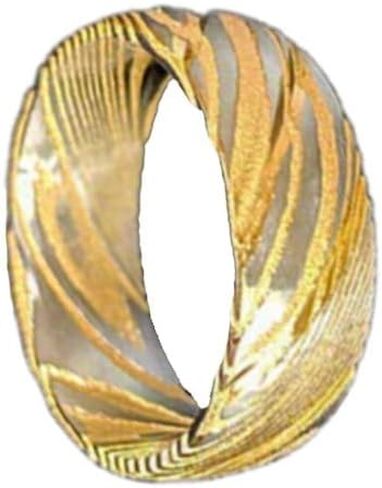 خاتم دمشقي من الذهب عيار 14 قيراط للرجال خاتم زفاف من الذهب الأصفر من الفولاذ الدمشقي له تصميم فريد من نوعه من الخشب الحبوب مريح مناسب للفولاذ المقاوم للصدأ in Kuwait