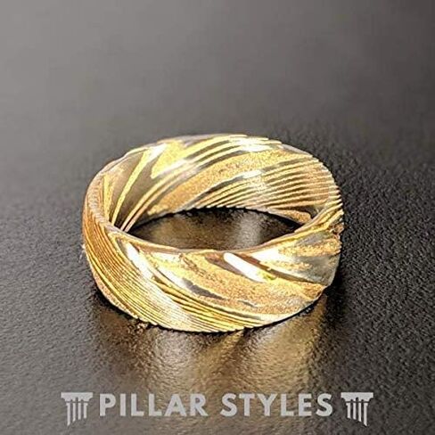 خاتم دمشقي من الذهب عيار 14 قيراط للرجال خاتم زفاف من الذهب الأصفر من الفولاذ الدمشقي له تصميم فريد من نوعه من الخشب الحبوب مريح مناسب للفولاذ المقاوم للصدأ in Kuwait