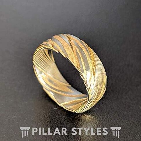 خاتم دمشقي من الذهب عيار 14 قيراط للرجال خاتم زفاف من الذهب الأصفر من الفولاذ الدمشقي له تصميم فريد من نوعه من الخشب الحبوب مريح مناسب للفولاذ المقاوم للصدأ in Kuwait