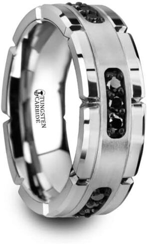 VALOR Grooved Tungsten Ring with Silver Inlay & Black Diamonds - 8mm in Saudi Arabia