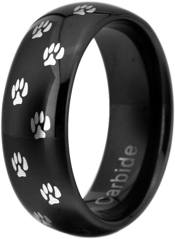 CLOUD DANCER Dog Paw Print Ring 8mm الراحة تناسب الفضة لهجة / أسود / أزرق خاتم الزواج من كربيد التنغستن - نقش مجاني مخصص in Kuwait