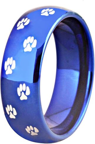 CLOUD DANCER Dog Paw Print Ring 8mm الراحة تناسب الفضة لهجة / أسود / أزرق خاتم الزواج من كربيد التنغستن - نقش مجاني مخصص in Saudi Arabia
