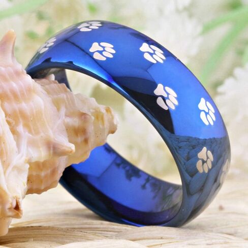 CLOUD DANCER Dog Paw Print Ring 8mm الراحة تناسب الفضة لهجة / أسود / أزرق خاتم الزواج من كربيد التنغستن - نقش مجاني مخصص in Kuwait