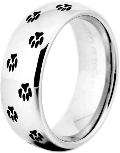 CLOUD DANCER Dog Paw Print Ring 8mm الراحة تناسب الفضة لهجة / أسود / أزرق خاتم الزواج من كربيد التنغستن - نقش مجاني مخصص in Kuwait