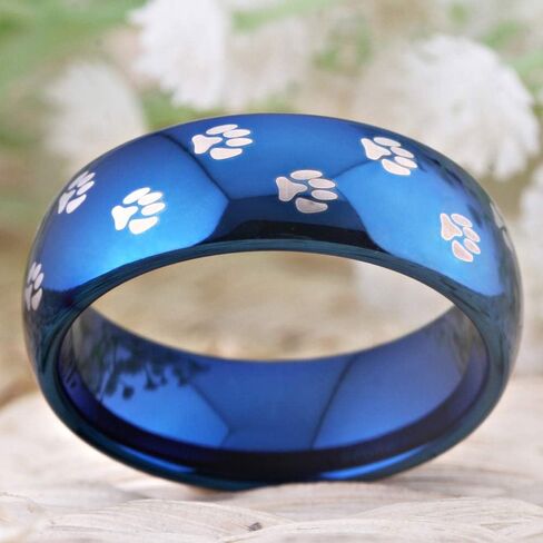 CLOUD DANCER Dog Paw Print Ring 8mm الراحة تناسب الفضة لهجة / أسود / أزرق خاتم الزواج من كربيد التنغستن - نقش مجاني مخصص in Kuwait