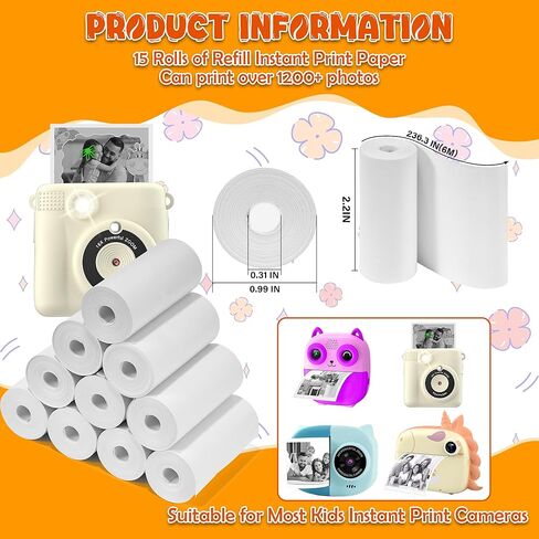 15 Rolls Kids Instant Camera Print Refill Paper, Photo Printer HD Printing Thermal Print Paper Rolls Fit for Most Kids Camera Instant Print, BPA Free&Inkless with 3" Photo Album in Saudi Arabia