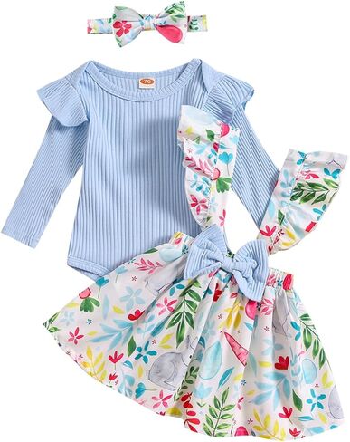 ملابس لحديثي الولادة لعيد الفصح للفتيات بأكمام طويلة، تنانير بحمالات مطبوعة على شكل بيض الأرنب مع عصابة رأس in Kuwait