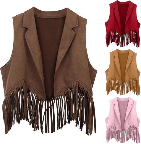 Kids Western Fringe Vest Vintage Slim Fit Button Sleeveless Jacket V Neck Boho Cardigan Outerwear For Girls Boys 5-12 Years in Saudi Arabia